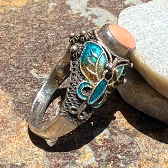 Vintage Sterling Silver Chinese Export Coral Cloisonné Ring 9 - Picture 5 of 10